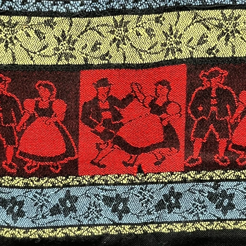 Vintage Black Scarf with Red and Yellow Woven Scandinavian Wrap 17” x 41”